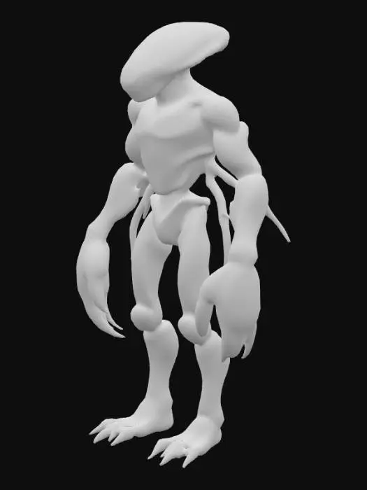 3D model for A humanoid crab-like creature with a formidable, mineralized exterior, its chitinous shell gleaming with coppery-gold pyrite hues and a rugged, metallic sheen. It stands upright on disproportionately long, segmented legs, which are slender yet powerfully built. Numerous additional articulated arms, each ending in sharp, pincered claws, extend from its torso, giving it a complex, imposing silhouette. The creature's surface features a coarse, ridged texture, emphasizing its tough, armor-like construction.