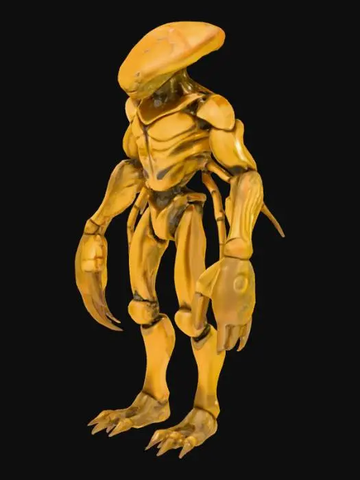 3D model for A humanoid crab-like creature with a formidable, mineralized exterior, its chitinous shell gleaming with coppery-gold pyrite hues and a rugged, metallic sheen. It stands upright on disproportionately long, segmented legs, which are slender yet powerfully built. Numerous additional articulated arms, each ending in sharp, pincered claws, extend from its torso, giving it a complex, imposing silhouette. The creature's surface features a coarse, ridged texture, emphasizing its tough, armor-like construction.