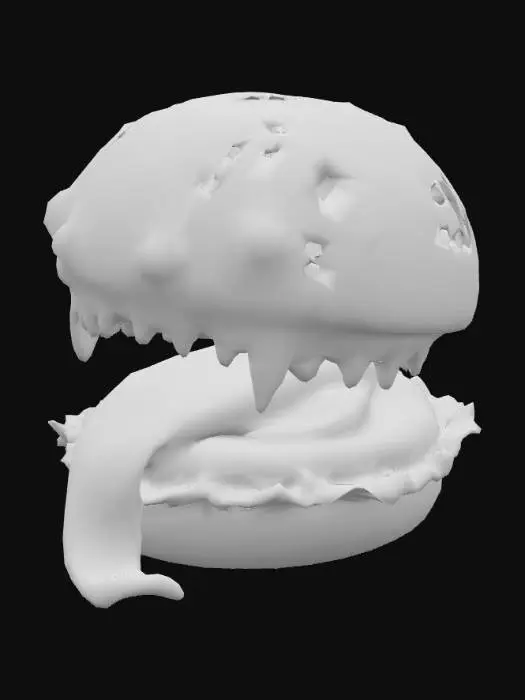 3D model for #food#, a hamburger with jaws and a long tounge and many eyes