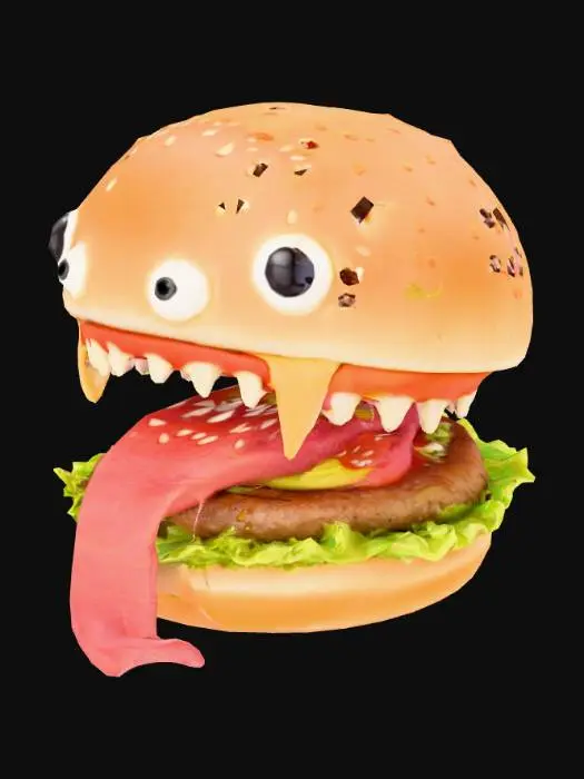 3D model for #food#, a hamburger with jaws and a long tounge and many eyes