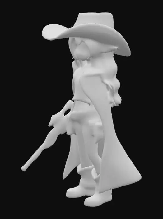 3D model for A fantasy elf girl is depicted with vibrant orange hair, deep red eyes, tanned skin, lush lips, and long eyelashes. She dons a dusty cowgirl's hat, a dirty polo top, and worn blue jeans paired with practical boots. A simple brown cloak offers understated elegance. Her utility belt, bristling with various small weapons, features a neatly coiled lasso. In her hands, she holds a detailed, intricately designed fantasy shotgun, its metallic sheen contrasting with her rugged attire.