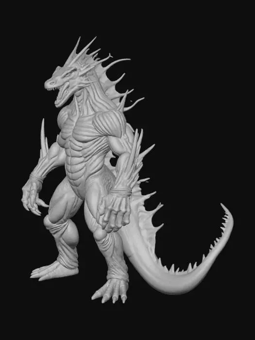 3D model for A formidable, large reptile with a robust, muscular physique, covered in dark green, tough, scaly skin that hints at raw power beneath. A long, whip-like tail extends gracefully, contrasting with the intimidating row of sharp, bony spikes running down its spine. Its wide maw reveals two menacing rows of pointed, flesh-tearing teeth. Piercing red, glowing eyes complete its fierce, predatory expression, while its strong body ripples with visible muscle as it shifts.