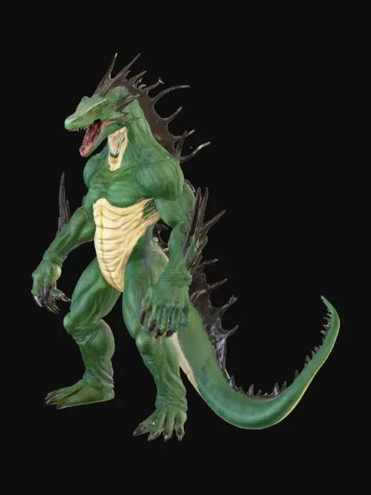 3D model for A formidable, large reptile with a robust, muscular physique, covered in dark green, tough, scaly skin that hints at raw power beneath. A long, whip-like tail extends gracefully, contrasting with the intimidating row of sharp, bony spikes running down its spine. Its wide maw reveals two menacing rows of pointed, flesh-tearing teeth. Piercing red, glowing eyes complete its fierce, predatory expression, while its strong body ripples with visible muscle as it shifts.