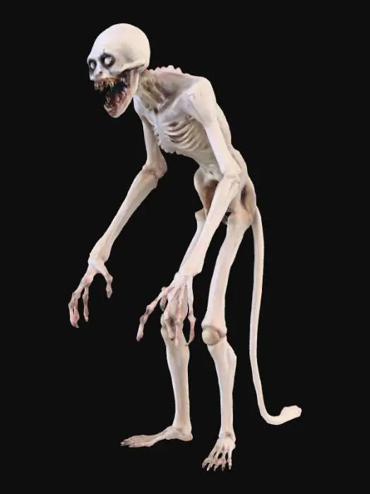 3D model for This horror entity features a disturbingly lanky and emaciated physique, clad in smooth, almost clammy pale white skin that hints at a lack of warmth. Its face is dominated by a perpetually agape mouth, showcasing an abundance of randomly broken, razor-sharp jagged teeth. Sunken white eyes, each piercing with a tiny black pupil, fixate eerily. Its limbs are excessively long and slender, ending in bony, claw-like fingers. The posture is perpetually hunched, creating an unsettling, broken silhouette.