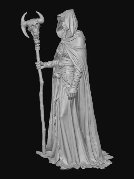 3D model for A stylized female character, resembling a sorceress, stands with a stern expression. She wears a flowing indigo hooded cloak and a tattered, pale magenta skirt. Her glowing pink eyes peer from under the deep purple hood. Intricate golden metallic armbands and a skull-buckle belt adorn her. She clutches a dark brown staff, topped with a horned, off-white skull, which has a rough, bone-like texture. Her overall form suggests a slightly exaggerated, fantasy aesthetic.