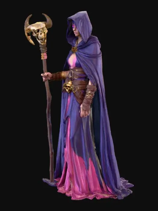 3D model for A stylized female character, resembling a sorceress, stands with a stern expression. She wears a flowing indigo hooded cloak and a tattered, pale magenta skirt. Her glowing pink eyes peer from under the deep purple hood. Intricate golden metallic armbands and a skull-buckle belt adorn her. She clutches a dark brown staff, topped with a horned, off-white skull, which has a rough, bone-like texture. Her overall form suggests a slightly exaggerated, fantasy aesthetic.
