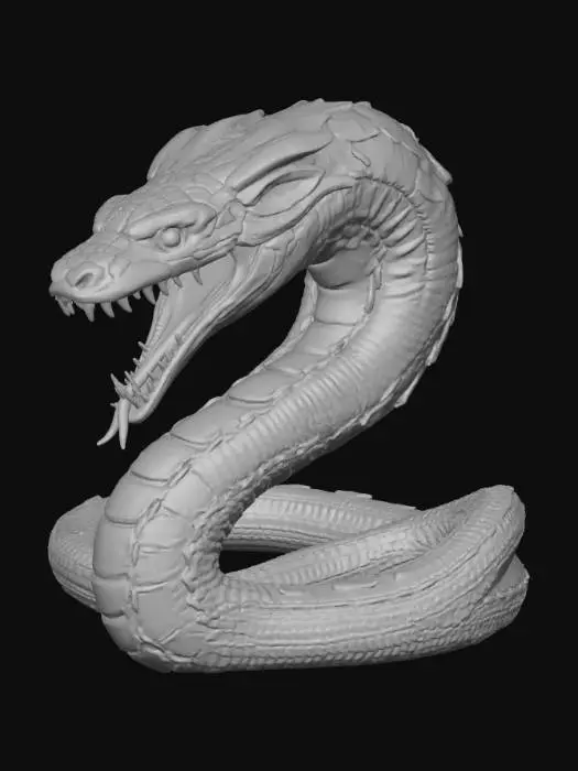3D model for A formidable cybernetic cobra, its sleek, segmented body composed of matte black armored plating with razor-thin, pulsating neon red and canary yellow light strips. Its massive, polished chrome fangs are prominently displayed, dripping slowly with a viscous, bio-luminescent blue synthetic venom, highlighting its menacing, articulated structure designed for swift, silent predation.