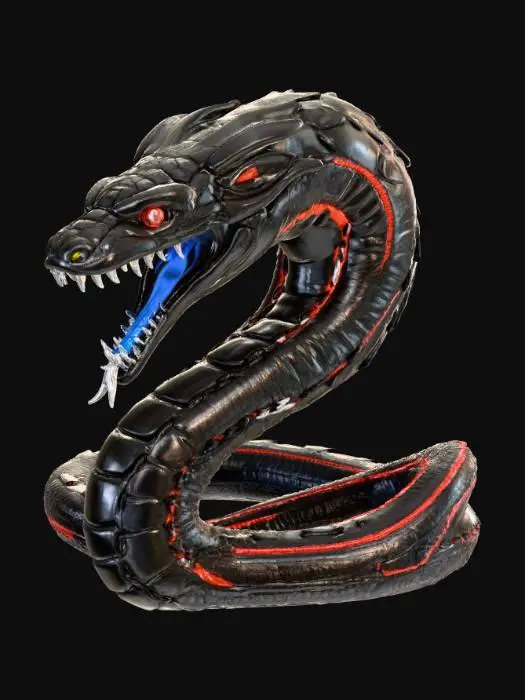 3D model for A formidable cybernetic cobra, its sleek, segmented body composed of matte black armored plating with razor-thin, pulsating neon red and canary yellow light strips. Its massive, polished chrome fangs are prominently displayed, dripping slowly with a viscous, bio-luminescent blue synthetic venom, highlighting its menacing, articulated structure designed for swift, silent predation.