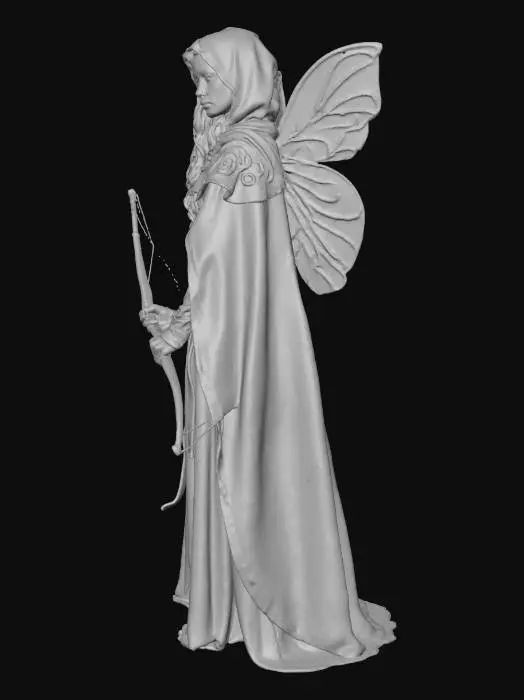 3D model for A lithe elf girl stands in a moonlit glade, her dark violet cloak woven with faint, blinking shadow-eyes—marks of Vhal’Shyren, an ancient shadow-god tied to her bloodline. She grips a sleek silver bow etched with swirling designs that pulse with blue shadow energy. A leather quiver rests on her back. Translucent crescent-shaped fairy wings shimmer from lavender to midnight blue, shedding drifting shadow-motes and leaving a brief spectral trail. Her deep blue eyes glow with otherworldly vigilance, violet fire circling her pupils as the forest subtly bends toward her twilight-touched presence.