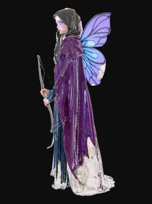 3D model for A lithe elf girl stands in a moonlit glade, her dark violet cloak woven with faint, blinking shadow-eyes—marks of Vhal’Shyren, an ancient shadow-god tied to her bloodline. She grips a sleek silver bow etched with swirling designs that pulse with blue shadow energy. A leather quiver rests on her back. Translucent crescent-shaped fairy wings shimmer from lavender to midnight blue, shedding drifting shadow-motes and leaving a brief spectral trail. Her deep blue eyes glow with otherworldly vigilance, violet fire circling her pupils as the forest subtly bends toward her twilight-touched presence.