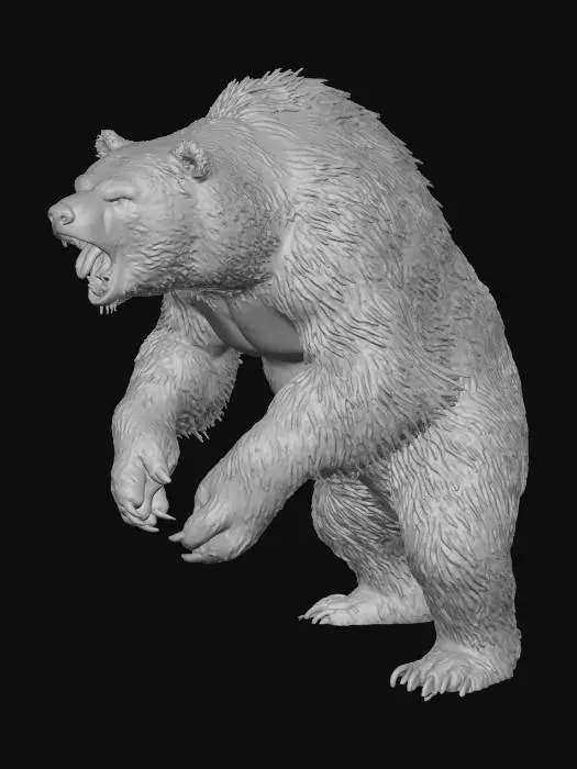 3D model for A fearsome grizzly bear, powerfully built with a muscular frame and thick, shaggy brown fur. Its coarse coat is mottled with lighter tips, giving a rugged texture. Sharp claws extend from its large paws. It has a growling expression, showcasing strong teeth, and a dark, wet nose, conveying raw, intimidating power.