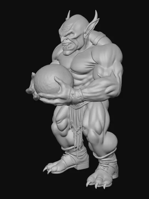3D model for A hulking, muscular goblin, its skin a deep, veiny purple, stands with broad shoulders and powerful limbs. Its face contorts in a focused snarl, revealing sharp teeth and pointed ears. This buff creature strains, holding aloft a massive, perfectly spherical crystal ball, its smooth, cool surface shimmering with internal violet light, reflecting the goblin's intense effort and adding to its imposing presence.