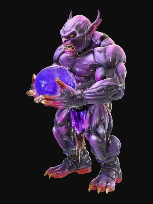 3D model for A hulking, muscular goblin, its skin a deep, veiny purple, stands with broad shoulders and powerful limbs. Its face contorts in a focused snarl, revealing sharp teeth and pointed ears. This buff creature strains, holding aloft a massive, perfectly spherical crystal ball, its smooth, cool surface shimmering with internal violet light, reflecting the goblin's intense effort and adding to its imposing presence.
