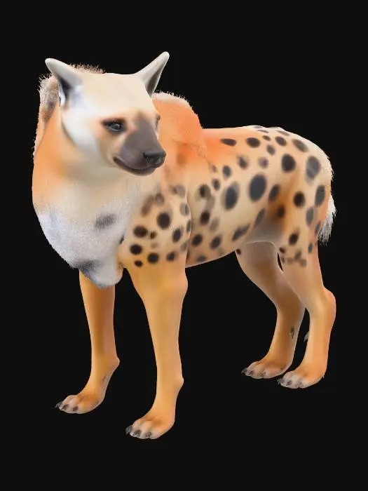 3D model for A realistic 3D model of a spotted hyena, standing with its head turned slightly to the left. It has shaggy, coarse fur in shades of sandy brown and cream, covered with distinctive irregular dark brown to black spots. The hyena features prominent rounded ears, a powerful build with a sloped back, and a relatively thin tail. Its eyes convey a natural, observant expression, rendered with soft, diffused lighting typical of an outdoor setting.
