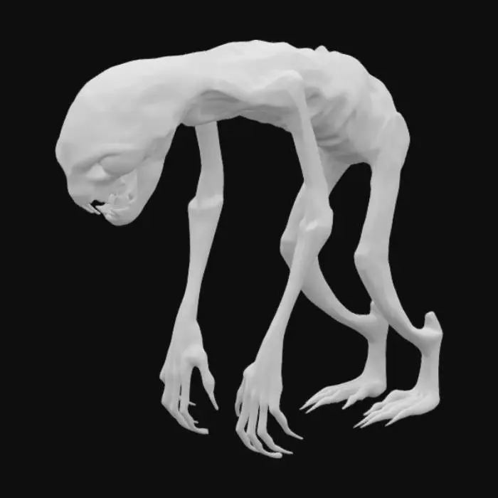 3D model for "Create a lanky horror monster with pale white skin and eerie white eyes, each featuring tiny black pupils. It has long, thin arms with sharp, elongated fingers. The creature's mouth is unnaturally large, filled with sharp, jagged teeth. Its body is unsettlingly thin, with a hunched posture, and its movements are jerky and unnatural. The creature exudes a menacing, otherworldly aura, perfect for a terrifying atmosphere in a horror game."