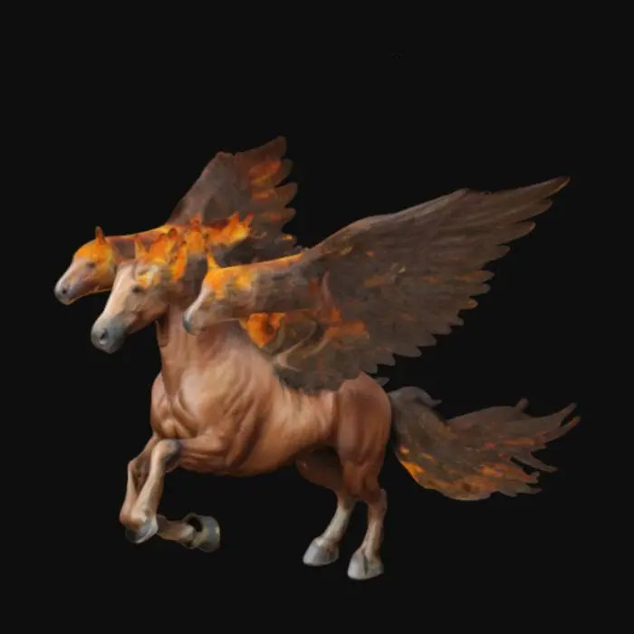 3D model for a horse with three heads and giant ealge wings and a flaming mane 