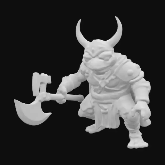 3D model for a green tree frog wearing a viking armour and helmet weilding a giant axe bigger then its body the frog look weak and fragile but the pose it strikes give off a beastly primal aura 