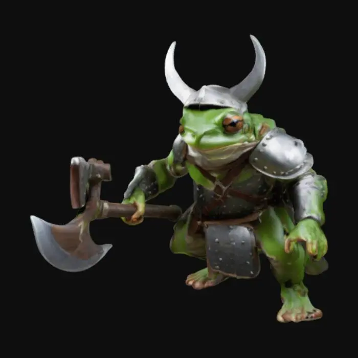 3D model for a green tree frog wearing a viking armour and helmet weilding a giant axe bigger then its body the frog look weak and fragile but the pose it strikes give off a beastly primal aura 
