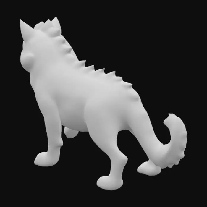 3D model for A majestic canine creature with a powerful, stocky build and four sturdy legs. Its body is covered in a dense, fluffy mane of light cream-colored fur, contrasting with its reddish-brown lower legs and back, which feature striking black, jagged tiger-like stripes. It has a large, bushy, curled tail and a spiky collar of fur around its neck. Its expression is alert and proud, with sharp eyes and a slight smirk.