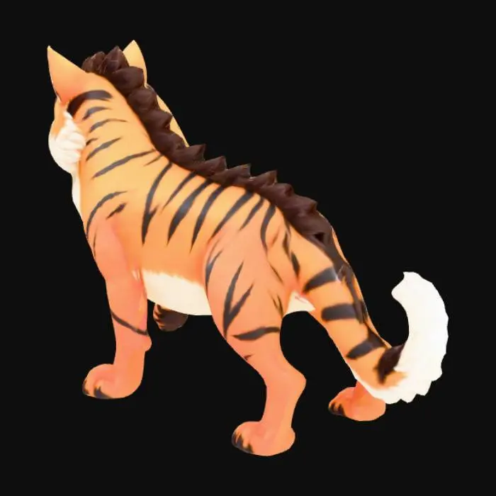 3D model for A majestic canine creature with a powerful, stocky build and four sturdy legs. Its body is covered in a dense, fluffy mane of light cream-colored fur, contrasting with its reddish-brown lower legs and back, which feature striking black, jagged tiger-like stripes. It has a large, bushy, curled tail and a spiky collar of fur around its neck. Its expression is alert and proud, with sharp eyes and a slight smirk.