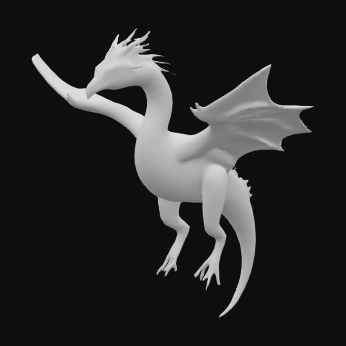 3D model for A large, majestic avian-draconic creature with a sleek, aerodynamic body. Its smooth, pearlescent white skin has an almost polished bone texture, complemented by a soft, luminous light blue on its belly. Sharp black fin-like structures adorn its back, wingtips, and tail. It features a distinctive spiky head crest, large wing-like forelimbs, and a slender, flexible tail, poised in a powerful, gliding posture.