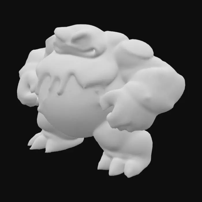 3D model for A bulky, cartoon-style creature with a thick, viscous purple body, appearing to be made entirely of a semi-transparent, firm gel. Its smooth surface features prominent drips and blobs, suggesting a squishy yet cohesive texture. The creature has a broad, muscular build with large hands and feet, and a square-ish head with intensely glowing white-purple eyes. It wears chunky, dark blue wristbands adorned with sharp, metallic silver studs. The overall impression is a vibrant, bouncy gel form.