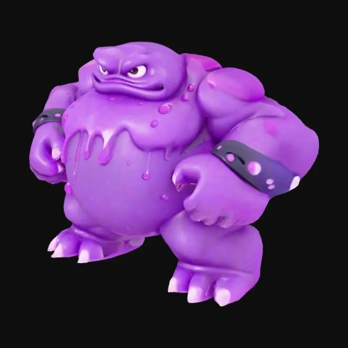 3D model for A bulky, cartoon-style creature with a thick, viscous purple body, appearing to be made entirely of a semi-transparent, firm gel. Its smooth surface features prominent drips and blobs, suggesting a squishy yet cohesive texture. The creature has a broad, muscular build with large hands and feet, and a square-ish head with intensely glowing white-purple eyes. It wears chunky, dark blue wristbands adorned with sharp, metallic silver studs. The overall impression is a vibrant, bouncy gel form.