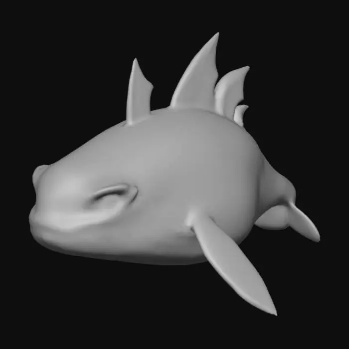 3D model for A majestic, whale-like creature boasts a robust, streamlined body in deep indigo blue, with a smooth, almost iridescent surface. Its large pectoral fins and dorsal fin are adorned with vibrant crimson red, intricate glowing patterns. A lighter, cool grey defines its underside and facial markings. The powerful pectoral fins feature five distinct paddle-like digits, complementing the segmented, fan-like tail fins. Small, intense red eyes with bright yellow pupils complete its striking appearance, suggesting a formidable yet graceful presence.