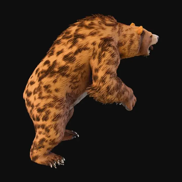 3D model for A fearsome grizzly bear, powerfully built with a muscular frame and thick, shaggy brown fur. Its coarse coat is mottled with lighter tips, giving a rugged texture. Sharp claws extend from its large paws. It has a growling expression, showcasing strong teeth, and a dark, wet nose, conveying raw, intimidating power.