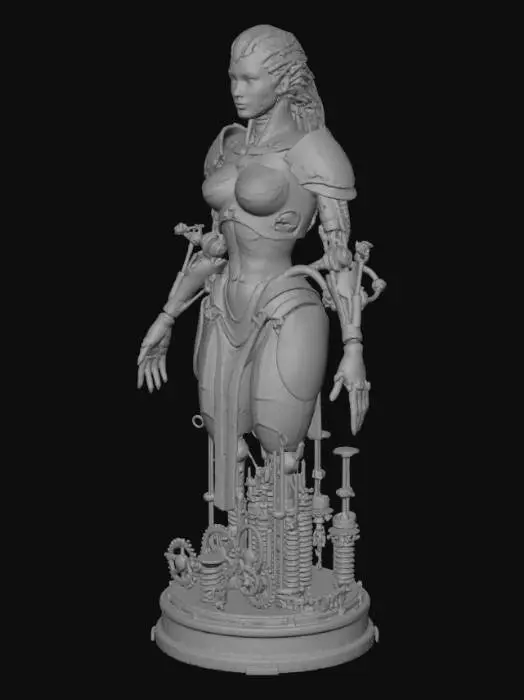 3D model for #Halloween2025#, SCP 세계관의 부서진 기계 신 메카네를 묘사한 여성 형태의 스테츄. 고대 청동과 티타늄 합금으로 주조된 거대한 조각상으로, 산산조각 난 몸체는 기계 팔과 톱니바퀴로 우아하게 이어진다. 섬세한 룬 문양이 새겨진 표면은 오랜 부식과 마찰광택을 보인다. 스테츄는 복잡한 태엽 메커니즘이 통합된 견고한 금속 받침대 위에 서 있으며, 기어와 스프링이 드러나 디오라마처럼 차갑고 묵직한 촉감을 선사한다. 얼굴이 아름답다