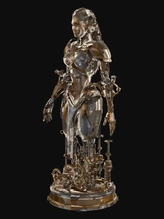 3D model for #Halloween2025#, SCP 세계관의 부서진 기계 신 메카네를 묘사한 여성 형태의 스테츄. 고대 청동과 티타늄 합금으로 주조된 거대한 조각상으로, 산산조각 난 몸체는 기계 팔과 톱니바퀴로 우아하게 이어진다. 섬세한 룬 문양이 새겨진 표면은 오랜 부식과 마찰광택을 보인다. 스테츄는 복잡한 태엽 메커니즘이 통합된 견고한 금속 받침대 위에 서 있으며, 기어와 스프링이 드러나 디오라마처럼 차갑고 묵직한 촉감을 선사한다. 얼굴이 아름답다