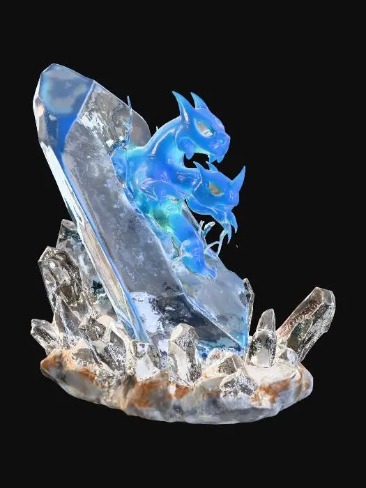 3D model for 첫번째 이미지의 캐릭터를 2번째 이미지처럼 크리스탈 안이 아니라 얇은 크리스탈에 튀어나오게 해줘 3번째 이미지의 받침대를 추가해줘 받침대도 원형이 아닌 타원형으로 앞뒤로 얇게 부탁해