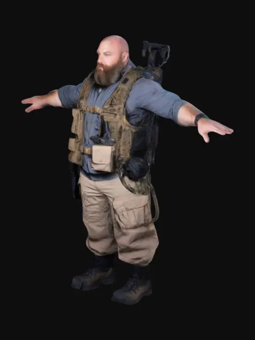 3D model for Bearded survivalist (38 y/o), tactical pants, multi-pocket vest. Gear: paracord bracelet, firestarter kit, compact axe on backpack.
T-pose
