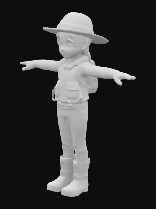 3D model for Создай 3D-модель девушки-подростка-исследовательницы (12–16 лет) в полный рост, стоящей в T-позе, с короткими каштановыми волосами, выглядывающими из-под широкополой шляпы. У неё дружелюбное лицо с мягкой улыбкой и большими глазами. На ней светлая куртка с карманами, бежевые брюки и прочные походные ботинки. Дополнительно добавь тёмные перчатки и компактный рюкзак, сохранив общий жизнерадостный характер.