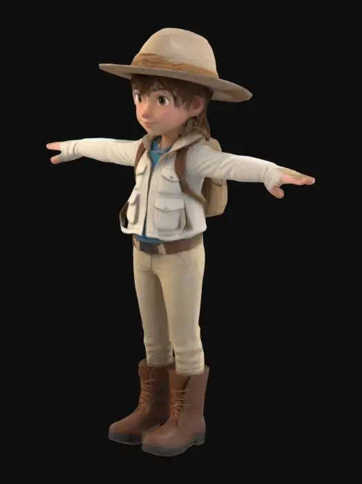 3D model for Создай 3D-модель девушки-подростка-исследовательницы (12–16 лет) в полный рост, стоящей в T-позе, с короткими каштановыми волосами, выглядывающими из-под широкополой шляпы. У неё дружелюбное лицо с мягкой улыбкой и большими глазами. На ней светлая куртка с карманами, бежевые брюки и прочные походные ботинки. Дополнительно добавь тёмные перчатки и компактный рюкзак, сохранив общий жизнерадостный характер.