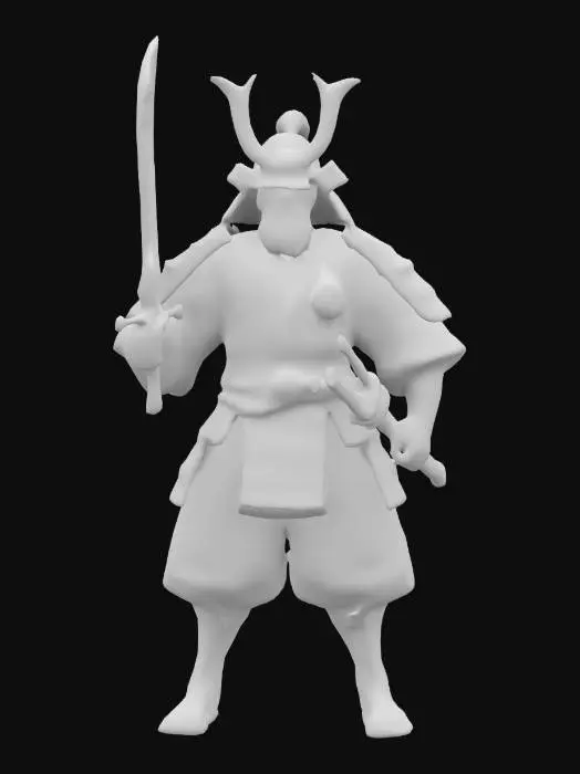 3D model for A heroic samurai warrior in a stylized, cartoon art style, standing in a dynamic battle-ready stance, He wears traditional Japanese samurai attire
, #ChronoForgeWeapon#