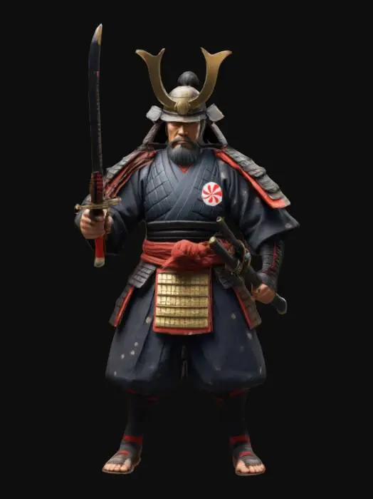 3D model for A heroic samurai warrior in a stylized, cartoon art style, standing in a dynamic battle-ready stance, He wears traditional Japanese samurai attire
, #ChronoForgeWeapon#