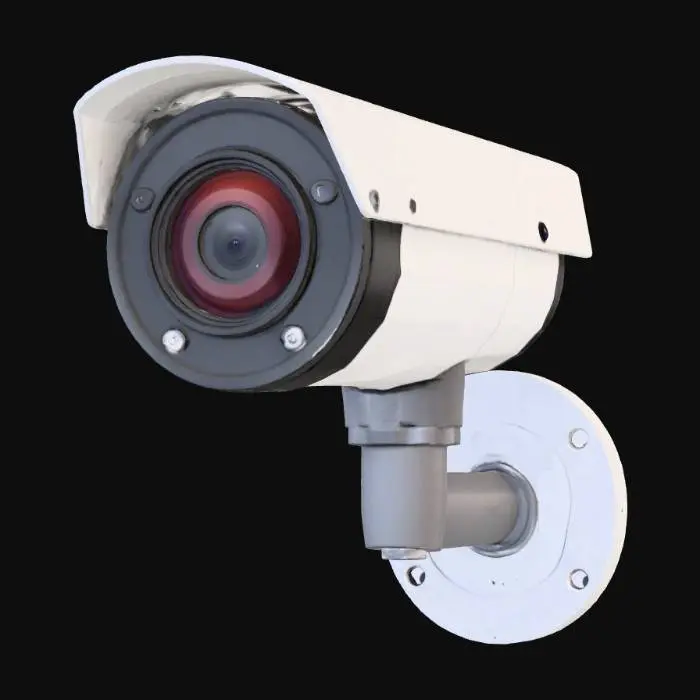 3D model for An industrial-grade bullet CCTV camera, constructed from durable, dark gray aluminum alloy with a slightly textured, weather-resistant finish. Its elongated cylindrical body houses a prominent, multi-layered lens with a subtle metallic sheen. The robust, articulated mounting bracket, also in dark gray, allows for flexible positioning, conveying a sense of strength and resilience suitable for outdoor and high-security environments.