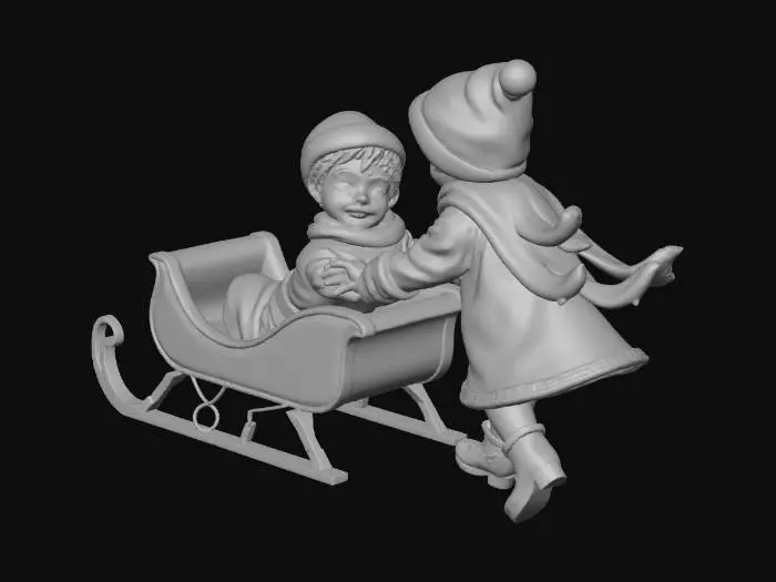 3D model for Vintage 1950s Christmas postcard style, kids playing in the snow, old-style sleigh, warm nostalgic tones, film grain texture, illustrated style with mid-century details