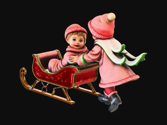 3D model for Vintage 1950s Christmas postcard style, kids playing in the snow, old-style sleigh, warm nostalgic tones, film grain texture, illustrated style with mid-century details