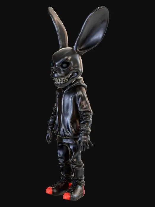3D model for Ultra realistic 3D collectible statue of a slim teenage boy inspired by *Donnie Darko*. Film‑accurate body proportions, realistic anatomy, no cartoon style. He wears slightly oversized grey hoodie, dark worn jeans and realistic sneakers with detailed fabric folds. Head like a realistic Frank the Bunny metal mask: elongated skull, rough hammered metal, visible seams and dents, deep sockets with pale matte eyes, long teeth, tall twisted ears bent backwards. Half of the face subtly blends into a human cheek and jaw under the mask. Cinematic base of cracked asphalt with faint glowing clock numbers and light fog around the feet. Cold blue rim light, soft neutral front light, melancholic, mysterious mood, hyper realistic resin and metal materials.