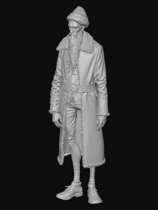3D model for tall, extremely thin Santa Claus character, gothic dark fairytale style, Tim Burton style, very long thin arms and legs, slightly hunched back, small narrow torso, exaggerated proportions. Pale face with big dark eye sockets, tired kind eyes, long thin crooked nose, sharp cheekbones, slightly melancholic expression. Long, worn red coat with frayed edges, deep burgundy red, almost black shadows, narrow waist, coat flowing down like a twisted silhouette, striped socks, long pointed shoes. Classic red Santa hat but elongated and drooping, with a small dirty white pom-pom. Black leather gloves, old weathered leather belt with a big oval buckle. Desaturated colors, high contrast light and shadow, moody lighting, gothic Christmas night atmosphere, Tim Burton stylized, high detail