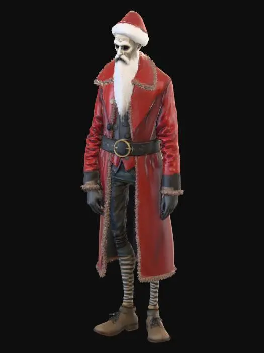 3D model for tall, extremely thin Santa Claus character, gothic dark fairytale style, Tim Burton style, very long thin arms and legs, slightly hunched back, small narrow torso, exaggerated proportions. Pale face with big dark eye sockets, tired kind eyes, long thin crooked nose, sharp cheekbones, slightly melancholic expression. Long, worn red coat with frayed edges, deep burgundy red, almost black shadows, narrow waist, coat flowing down like a twisted silhouette, striped socks, long pointed shoes. Classic red Santa hat but elongated and drooping, with a small dirty white pom-pom. Black leather gloves, old weathered leather belt with a big oval buckle. Desaturated colors, high contrast light and shadow, moody lighting, gothic Christmas night atmosphere, Tim Burton stylized, high detail