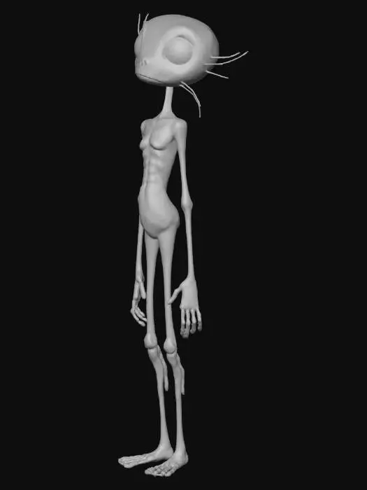 3D model for extremely elongated, thin and twisted character, very long legs, very long thin arms, small torso, narrow shoulders, exaggerated proportions, gothic cartoon style, Tim Burton style, gangly limbs, slightly bent spine, twisted pose