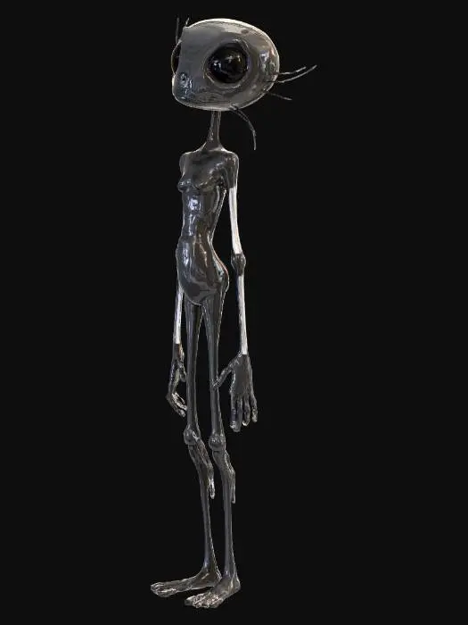 3D model for extremely elongated, thin and twisted character, very long legs, very long thin arms, small torso, narrow shoulders, exaggerated proportions, gothic cartoon style, Tim Burton style, gangly limbs, slightly bent spine, twisted pose
