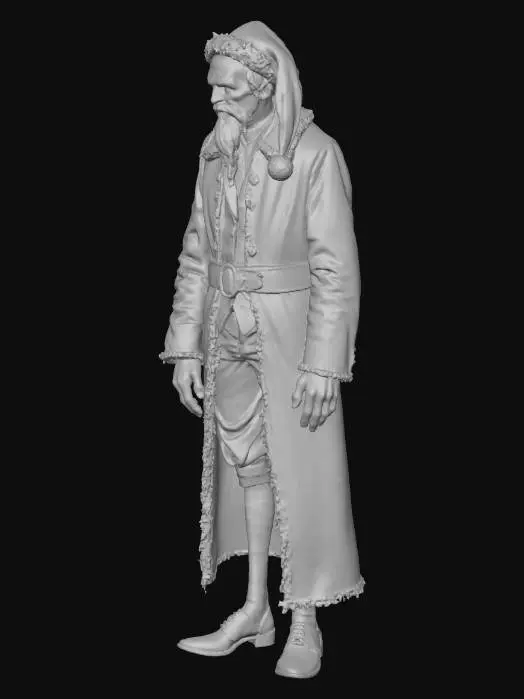 3D model for tall, extremely thin Santa Claus character, gothic dark fairytale style, Tim Burton style, very long thin arms and legs, slightly hunched back, small narrow torso, exaggerated proportions. Pale face with big dark eye sockets, tired kind eyes, long thin crooked nose, sharp cheekbones, slightly melancholic expression. Long, worn red coat with frayed edges, deep burgundy red, almost black shadows, narrow waist, coat flowing down like a twisted silhouette, striped socks, long pointed shoes. Classic red Santa hat but elongated and drooping, with a small dirty white pom-pom. Black leather gloves, old weathered leather belt with a big oval buckle. Desaturated colors, high contrast light and shadow, moody lighting, gothic Christmas night atmosphere, Tim Burton stylized, high detail