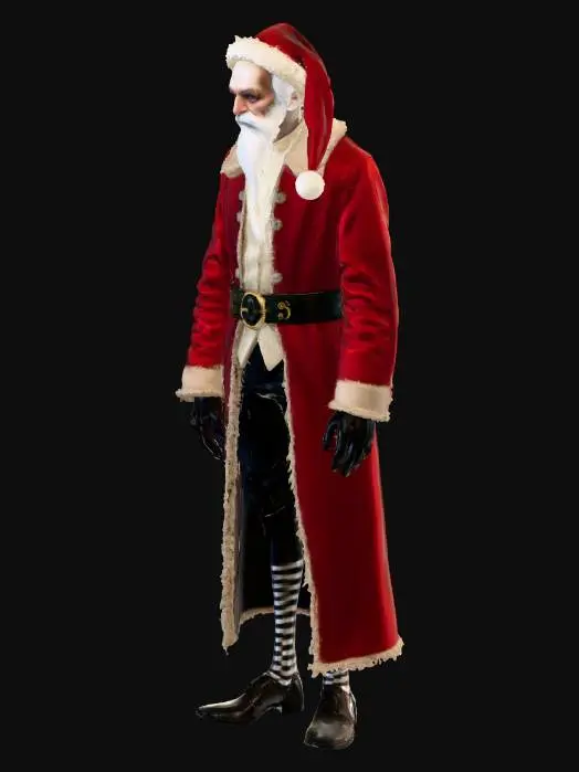 3D model for tall, extremely thin Santa Claus character, gothic dark fairytale style, Tim Burton style, very long thin arms and legs, slightly hunched back, small narrow torso, exaggerated proportions. Pale face with big dark eye sockets, tired kind eyes, long thin crooked nose, sharp cheekbones, slightly melancholic expression. Long, worn red coat with frayed edges, deep burgundy red, almost black shadows, narrow waist, coat flowing down like a twisted silhouette, striped socks, long pointed shoes. Classic red Santa hat but elongated and drooping, with a small dirty white pom-pom. Black leather gloves, old weathered leather belt with a big oval buckle. Desaturated colors, high contrast light and shadow, moody lighting, gothic Christmas night atmosphere, Tim Burton stylized, high detail