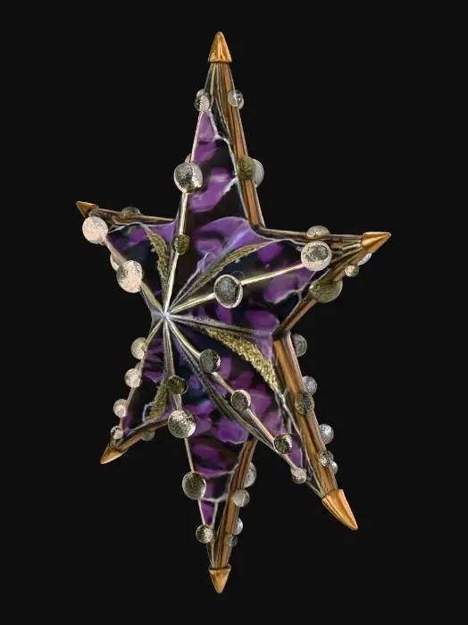 3D model for Create a highly detailed 3D render of a Christmas tree star ornament in a dark, whimsical Tim Burton–inspired style. The star is five‑pointed, but slightly crooked and asymmetrical, with long, thin, subtly twisted arms like bony fingers. Its surface combines aged gold metal and matte black, with irregular black‑and‑white stripes and deep purple accents. Use realistic PBR shading, visible edge wear and tiny paint chips. Illuminate it with dramatic, high‑contrast warm key light and a cool rim light, against a blurred, gothic interior background with faint, moody Christmas lights.