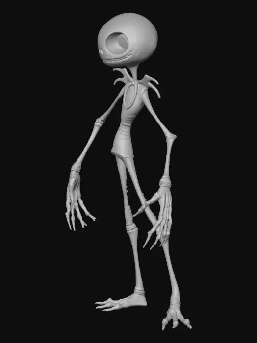 3D model for extremely elongated, thin and twisted character, very long legs, very long thin arms, small torso, narrow shoulders, exaggerated proportions, gothic cartoon style, Tim Burton style, gangly limbs, slightly bent spine, twisted pose