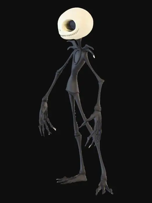 3D model for extremely elongated, thin and twisted character, very long legs, very long thin arms, small torso, narrow shoulders, exaggerated proportions, gothic cartoon style, Tim Burton style, gangly limbs, slightly bent spine, twisted pose